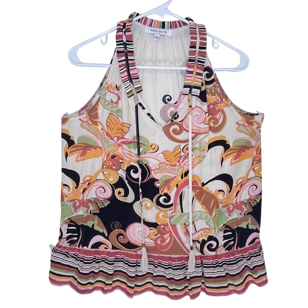 Rose + Olive Women Halter Neck Blouse Multi Color Tropical Paisley Ruffle Top M